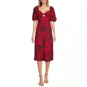EVERY Floral Print Puff Sleeve Sweetheart Neck Knot Front Cut Out Midi Dress M.